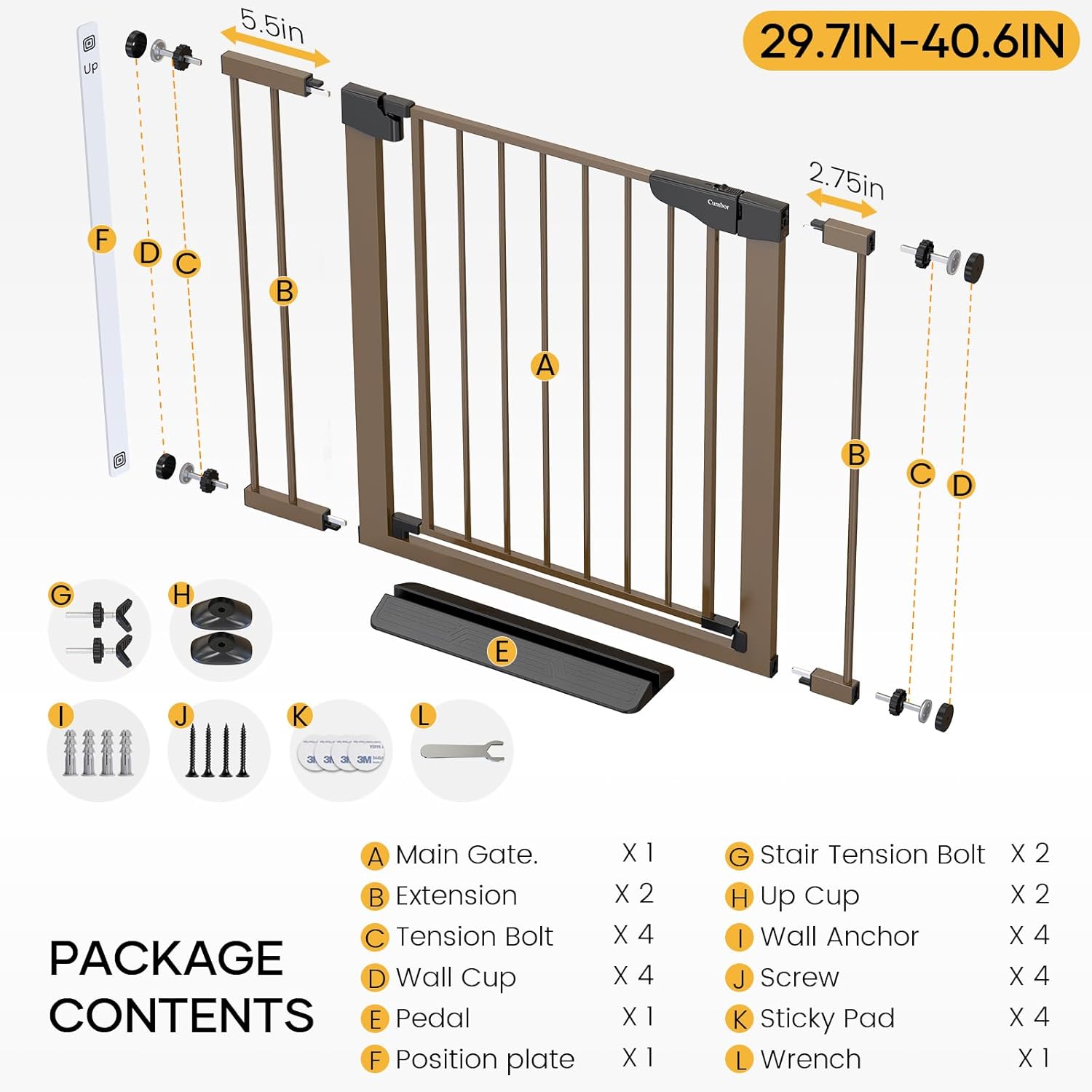 Cumbor 29.7-40.6 Baby Gate for Stairs, Mom's Choice Awards Winner-Dog Gate for Doorways, Pressure Mounted Auto-Close Pet Gates for Dogs Indoor, Safety Child Gate with Easy Walk Thru Door, Brown